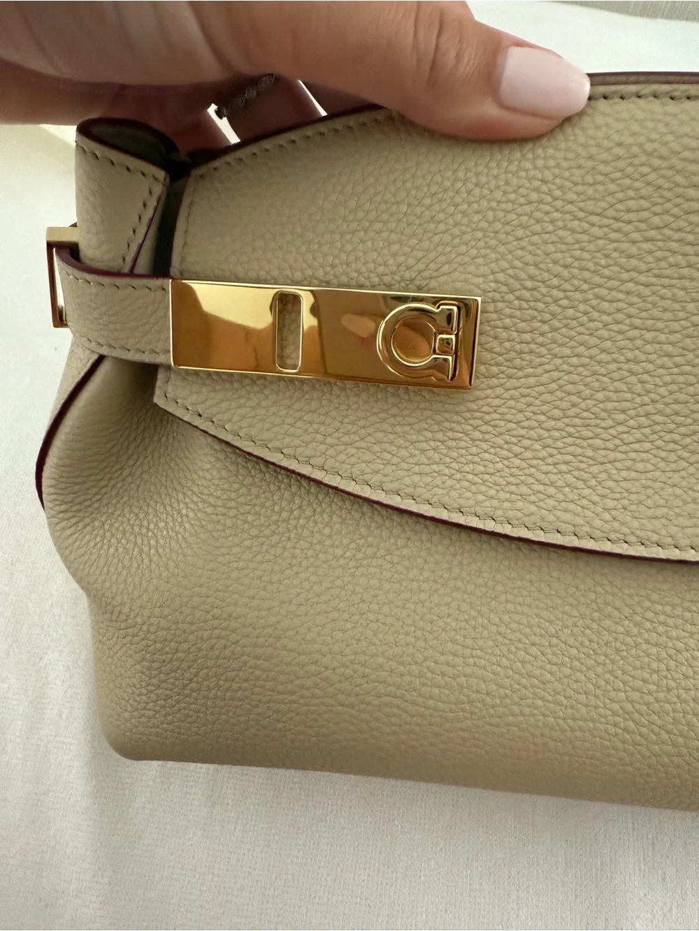 Ferragamo “XS Hug” Gold Hardware and Burgundy Trim